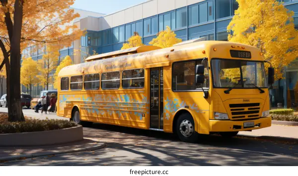 A yellow school bus drives down a tree-lined street with autumn foliage