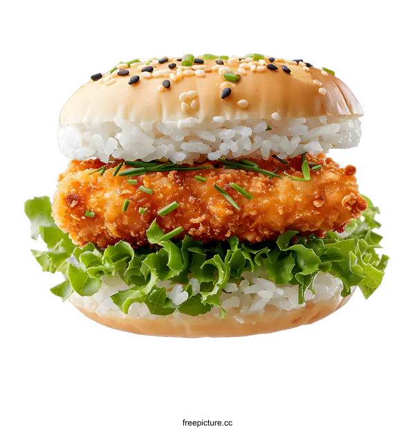 [Transparent Background PNG]A delicious and healthy burger with a crispy chicken patty, lettuce, and rice bun