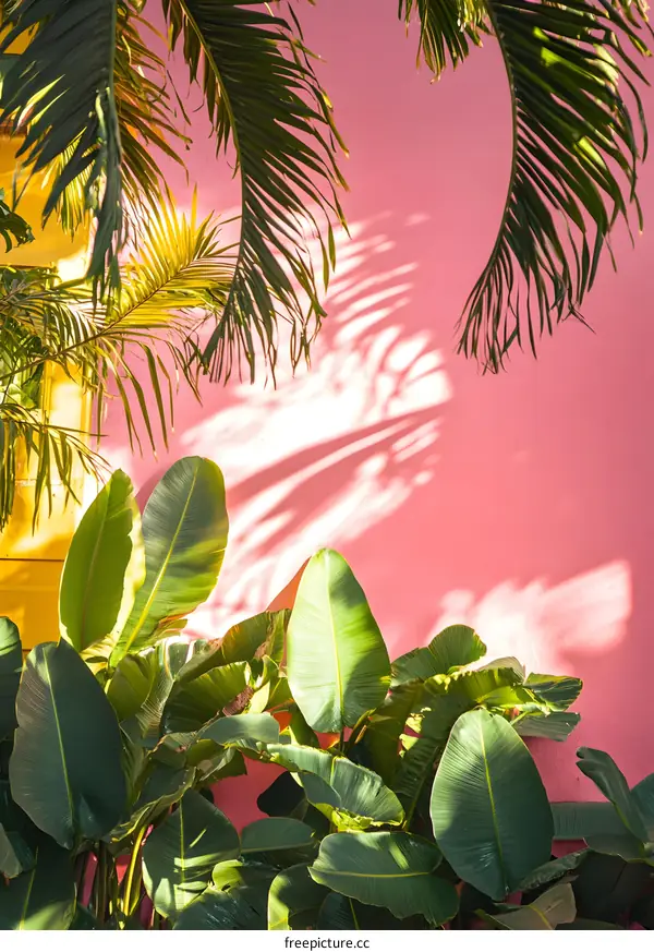 Tropical Leaves and Pink Wall with Sunlight