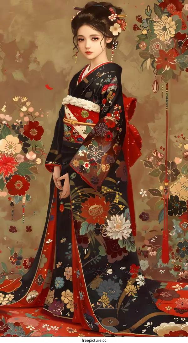 An illustration of a woman wearing a kimono with a floral pattern