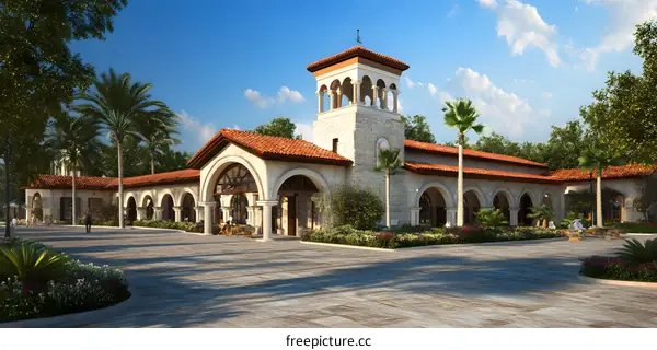 Spanish Style Architecture Building with Palm Trees and People