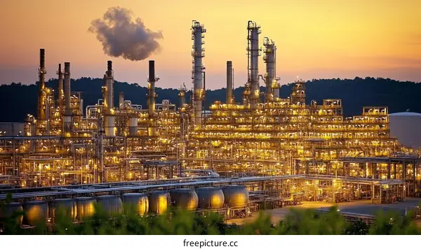 Industrial Oil Refinery at Sunset