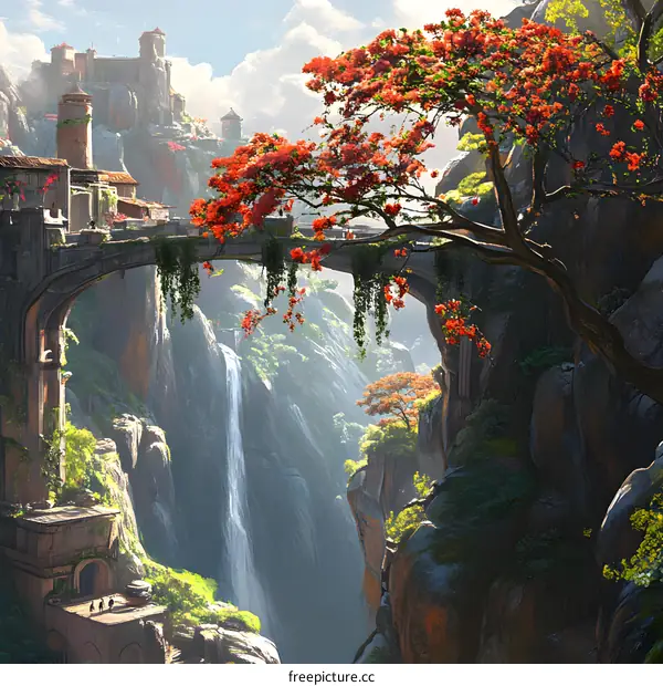 Fantasy Landscape with a Waterfall and Bridge