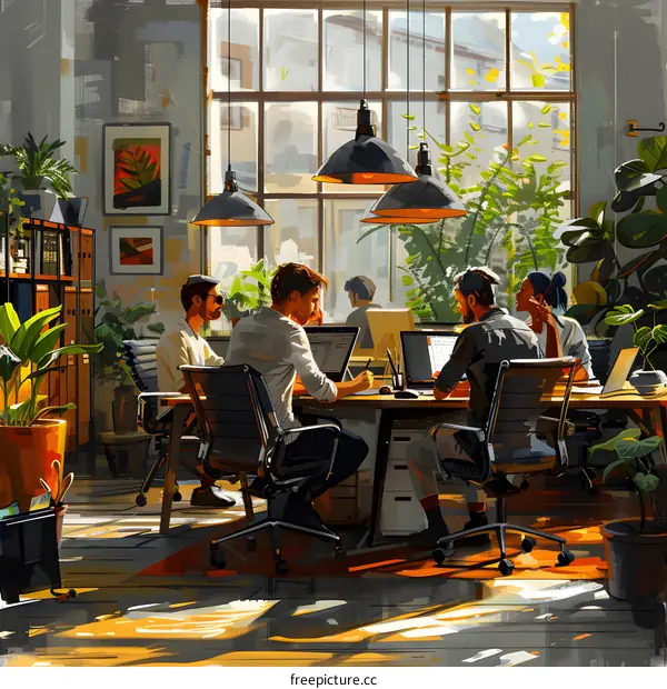 Illustration of a workplace with people working at a desk