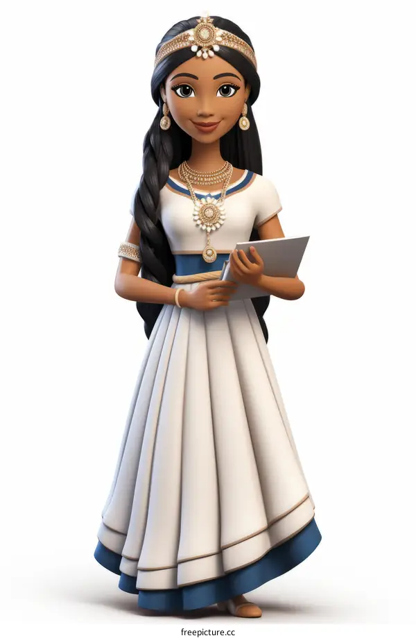 Illustration of a Young Woman in White Dress, Blue Sash Holding Tablet