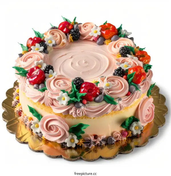 Cake Decorated with Pink Icing and Flowers