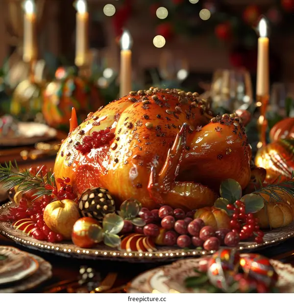 Roasted Turkey with Fruits and Vegetables for Family Dinner