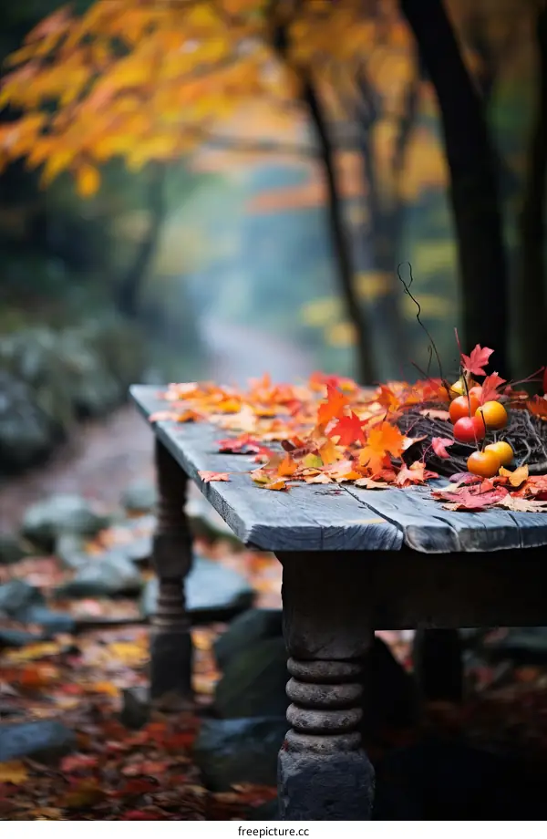 Wooden table with autumn leaves and apples in the forest