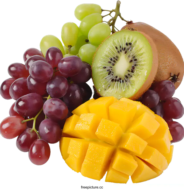 [Transparent Background PNG]Fresh Ripe Mango Grapes and Kiwi Fruit