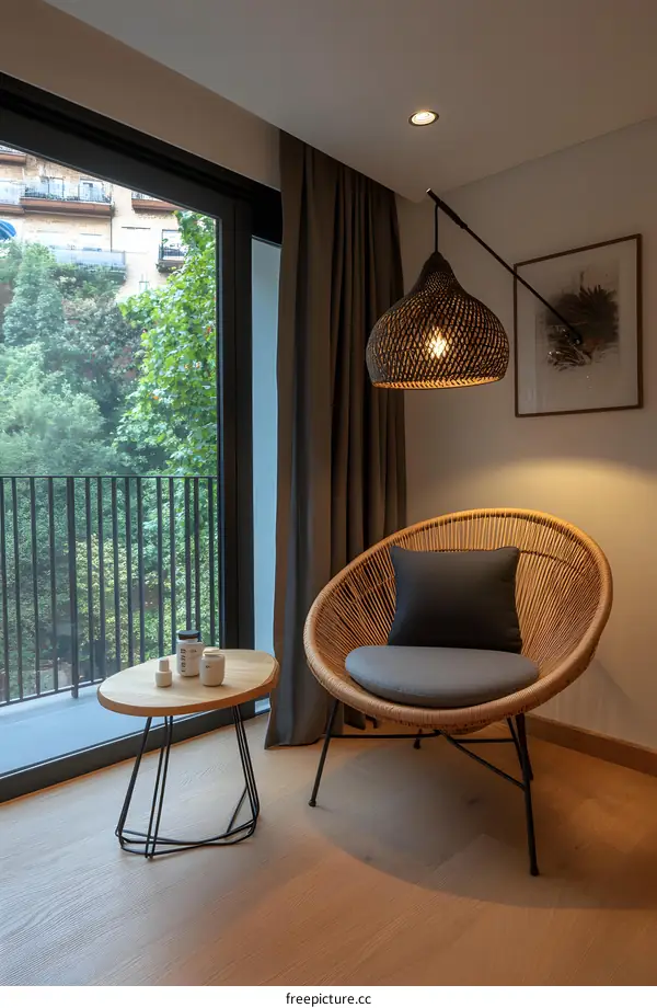Modern Minimalist Living Room with Rattan Chair and Window View
