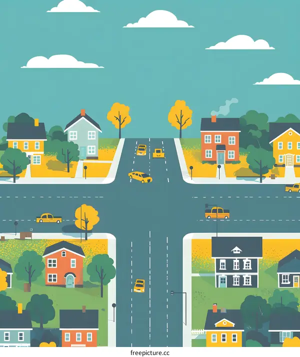 Cartoon Illustration of a Street Intersection in a Residential Area