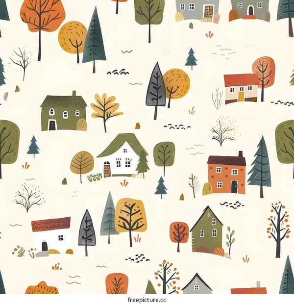 Autumn Village Seamless Pattern Background