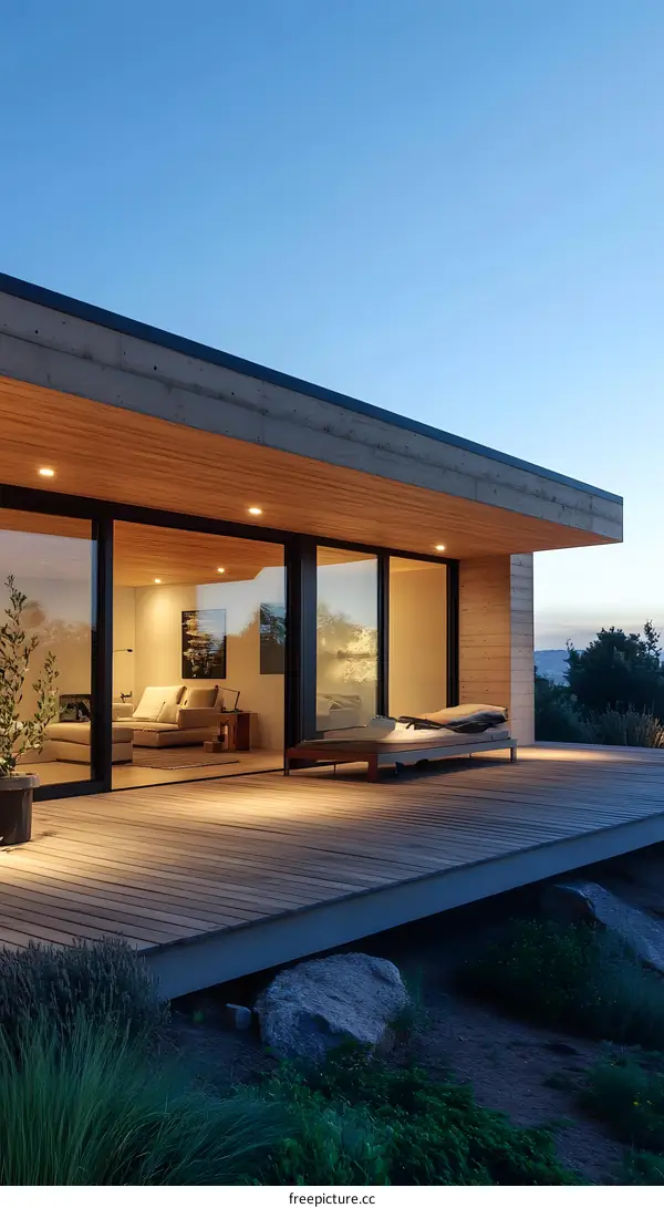 Modern Wooden Deck and House with Glass Doors