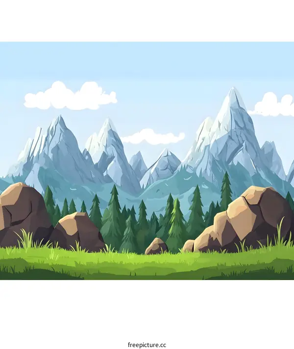 Mountain Landscape Illustration With Green Grass
