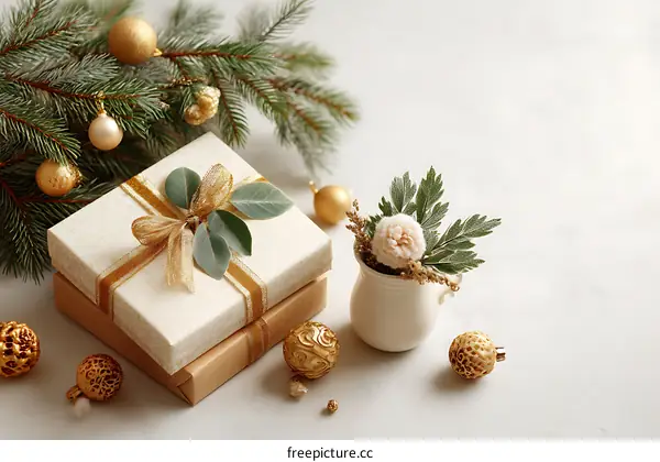 Christmas Gift Box Arrangement with Golden Ornaments