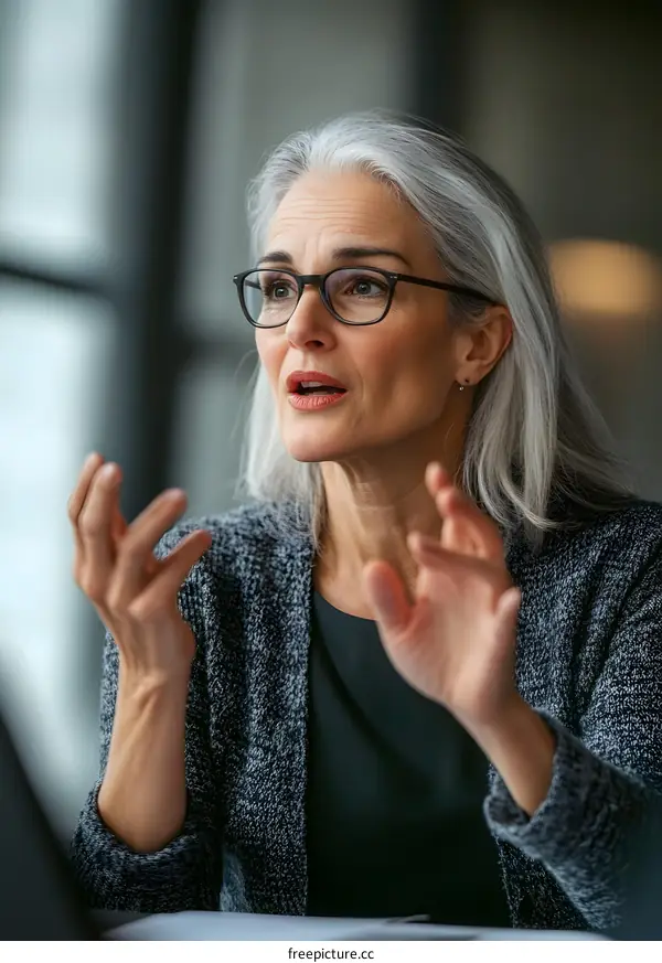 Portrait of a Caucasian Woman with Grey Hair and Glasses Talking Enthusiastically