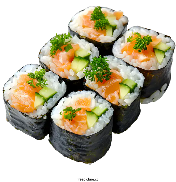 [Transparent Background PNG]Sushi rolls with salmon, cucumber and parsley