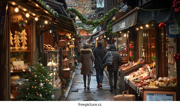 A shopping street decorated with Christmas lights