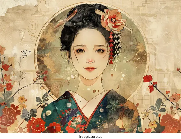 A beautiful Japanese woman in a kimono with a floral pattern and a red flower in her hair.