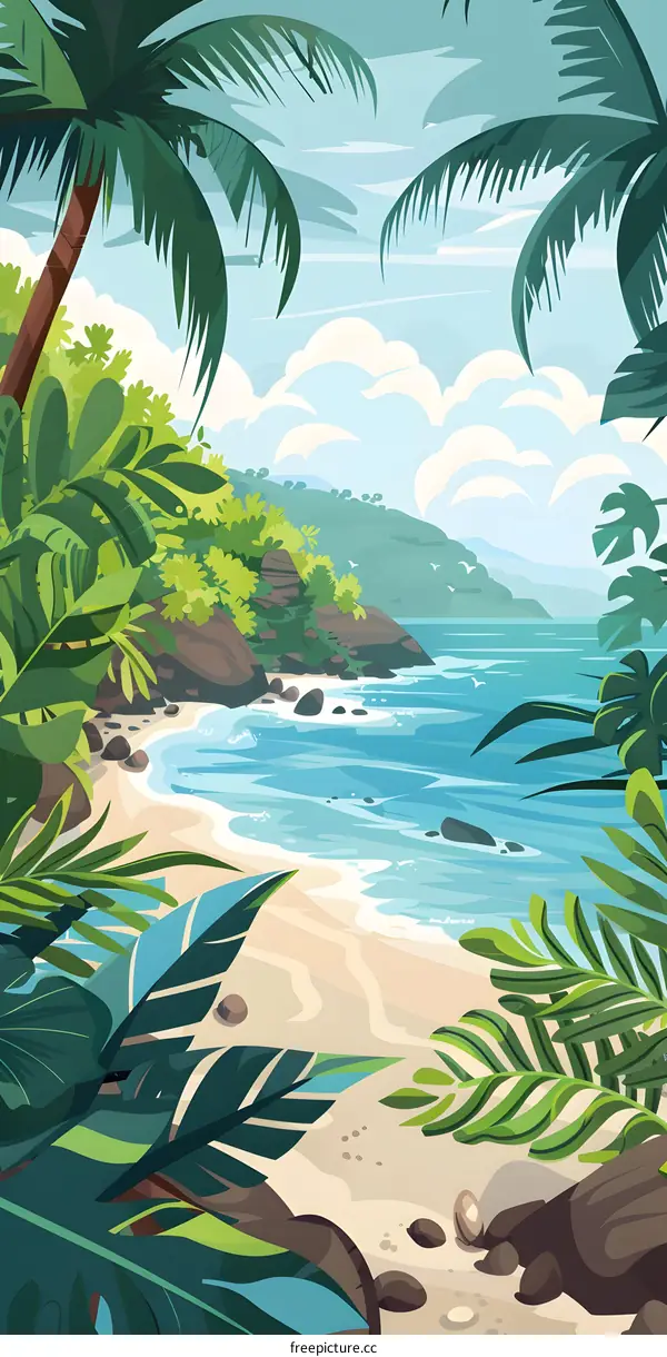 Tropical Beach Landscape Illustration with Palm Trees and Ocean
