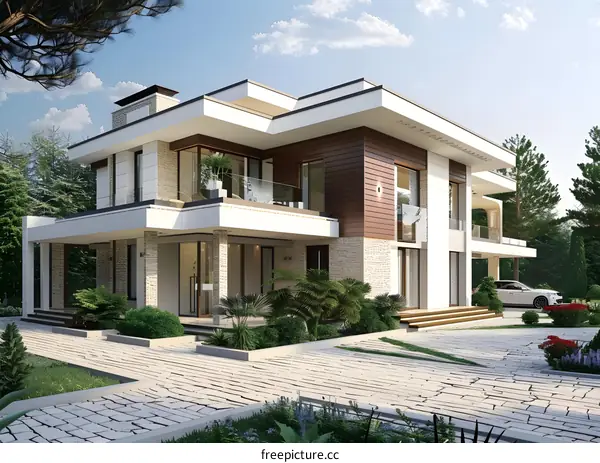 Modern House with Stone Facade and Large Windows