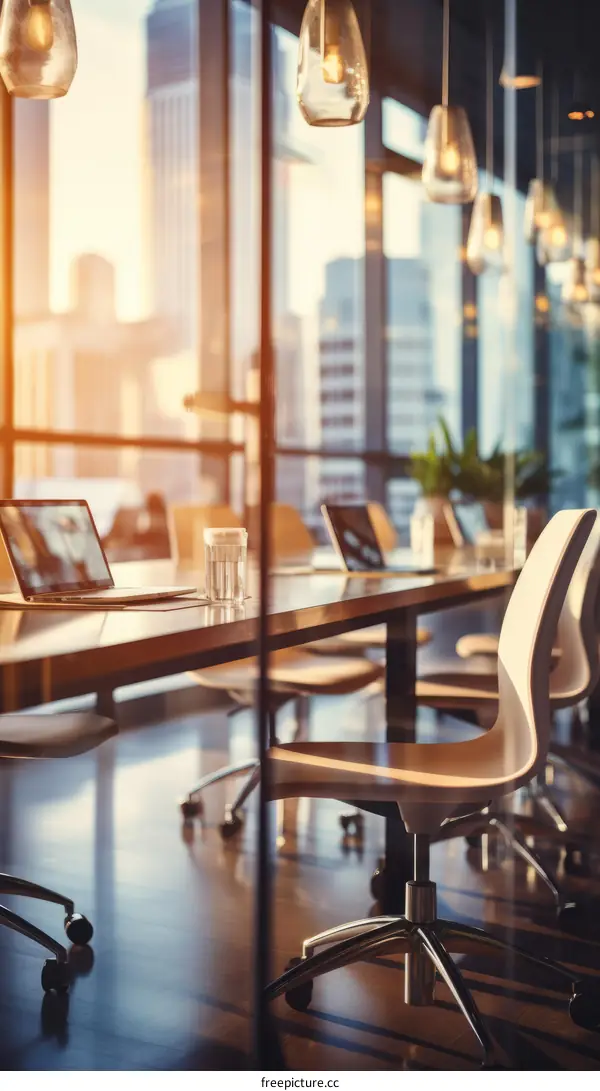 Modern Office Interior with Floor-to-Ceiling Windows Overlooking Cityscape