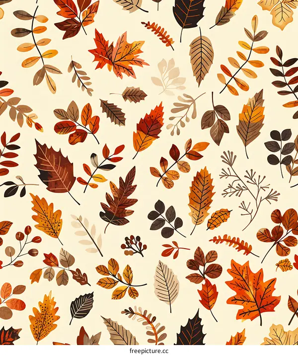 Autumn Leaves Watercolor Seamless Pattern Background