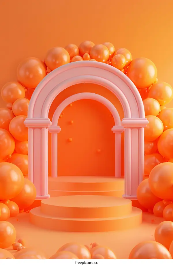 Orange 3D Podium with Pink Arch and Balloons for Product Display
