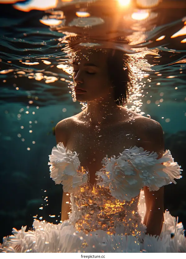 An Ethereal Underwater Photoshoot of a Woman in a White Gown
