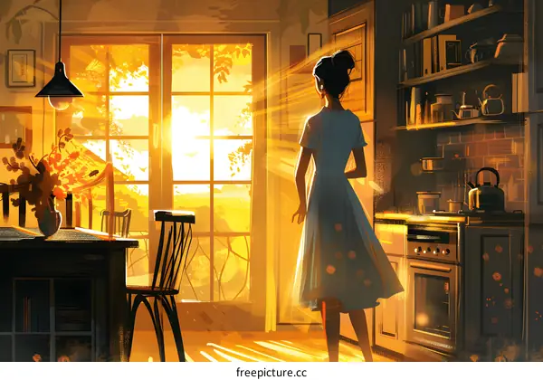 A woman standing in a sunlit kitchen looking out the window