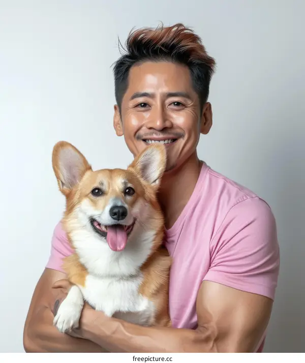 Asian man smiling with his corgi dog