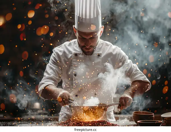 Focused male chef is cooking with fire and spices