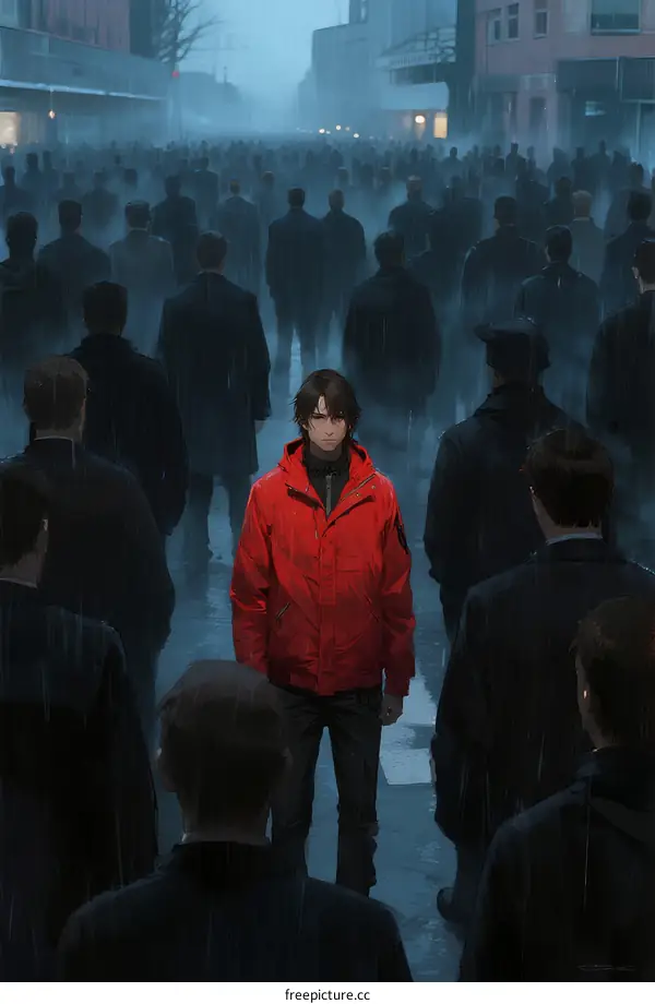 A lone person in red jacket standing among crowd in rainy city street