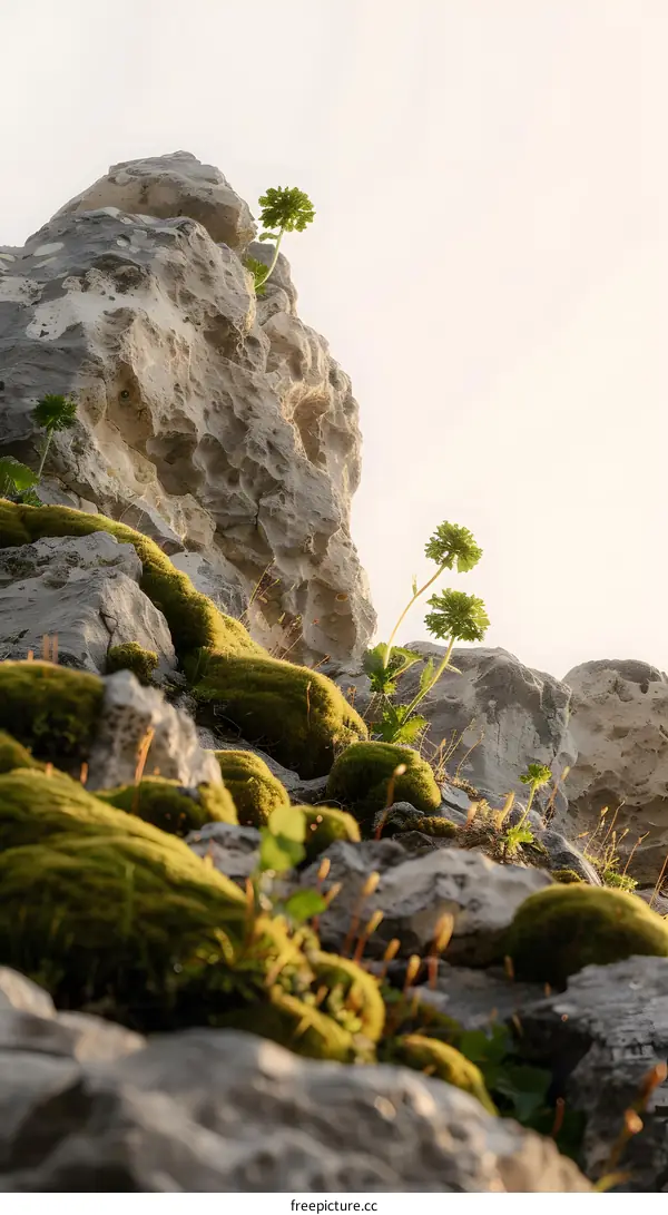 Green Moss Growing on Rocky Cliff