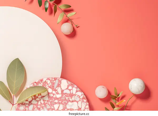 Abstract Minimalist Composition with White and Pink Circles and Green Leaves