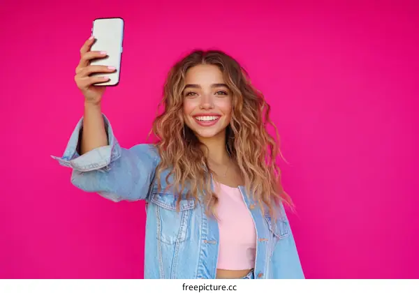 Smiling Young Woman Taking Selfie Against Pink Background