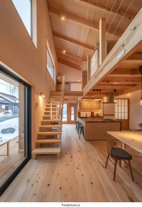 Modern Wooden House Interior Design with Staircase and Kitchen