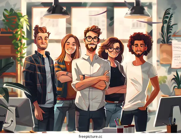 Illustration of a group of diverse people standing together in an office