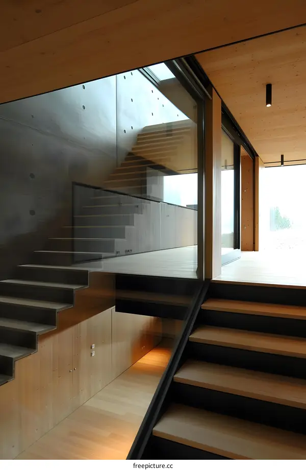 Modern Wooden Staircase with Glass Panels