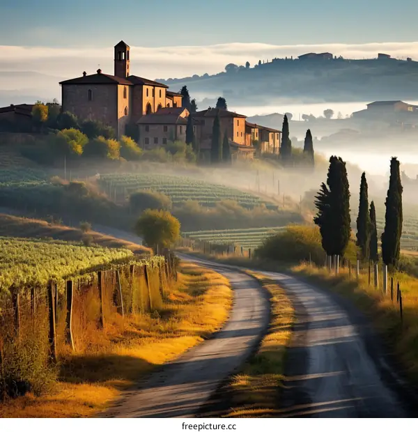 Tuscany Country Road with Vineyard and Church