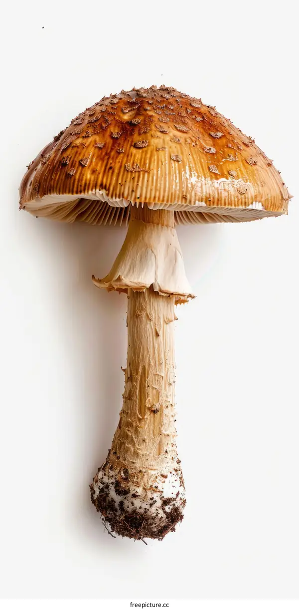 A large brown mushroom with a white stem