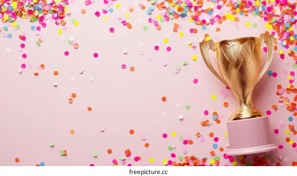 Gold trophy on pink background with colorful confetti