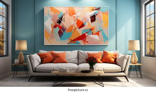 Blue Living Room with Abstract Painting on the Wall