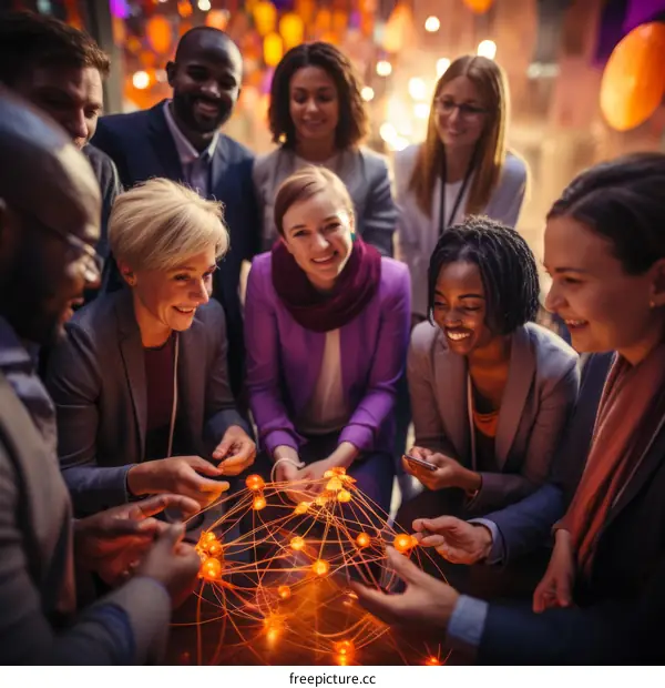 A group of diverse business professionals smiling and holding an illuminated network of glowing orange spheres representing their interconnectedness.