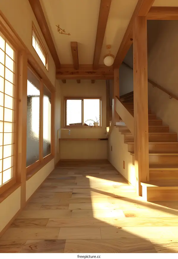 Modern Minimalist Japanese Style Wooden House Interior Design with Wooden Beams and Stairs