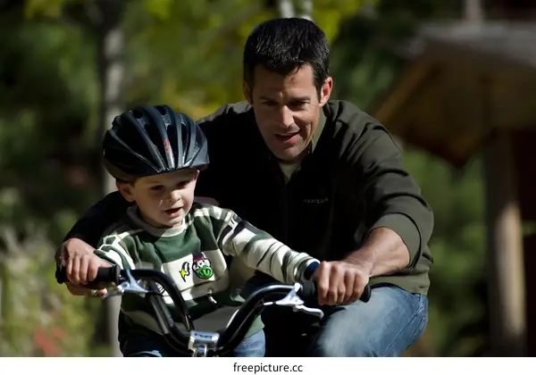 Father Teaching Son To Ride A Bike In The Woods