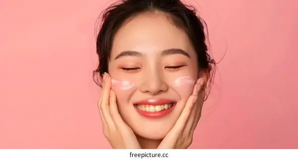 Smiling Asian Woman Applying Face Cream On Pink Background