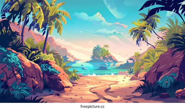 Tropical Beach Scene with Palm Trees and Blue Sky