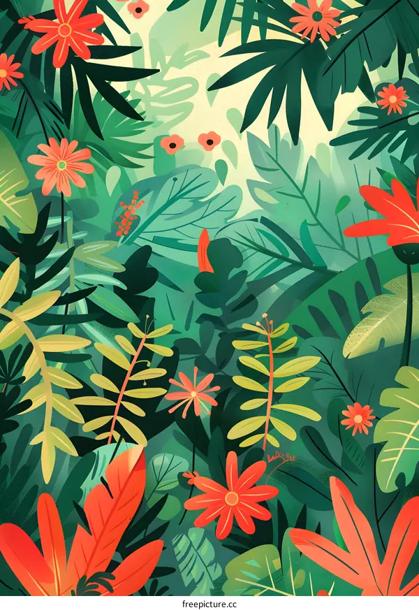 Tropical Rainforest Illustration With Colorful Flowers And Lush Green Leaves
