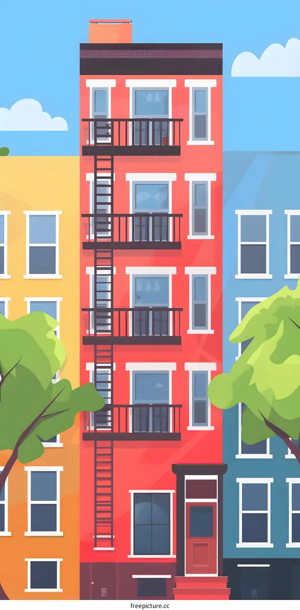 Colorful Row Houses With Fire Escape